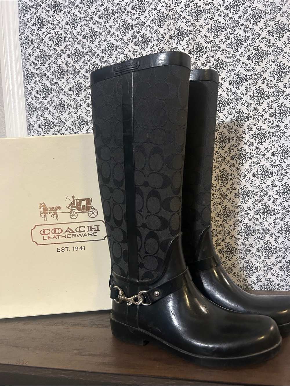 Coach Black Signature Monogram Tall Rain Boots
